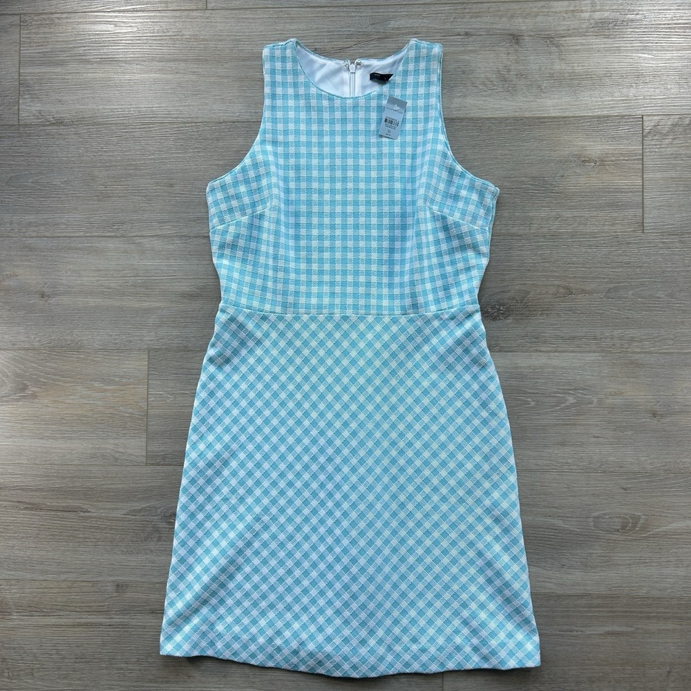 NWT Ann Taylor 10P Aqua and‎ White Gingham Sleeveless Fit-and-Flare Dress